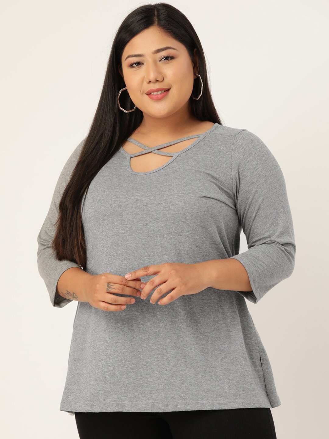 

theRebelinme Plus Size Women's Solid Grey Cut-Out Detail Cotton Top