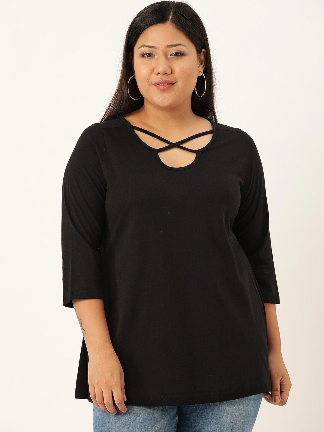 

theRebelinme Women Black Plus Size Round Neck Cotton Top