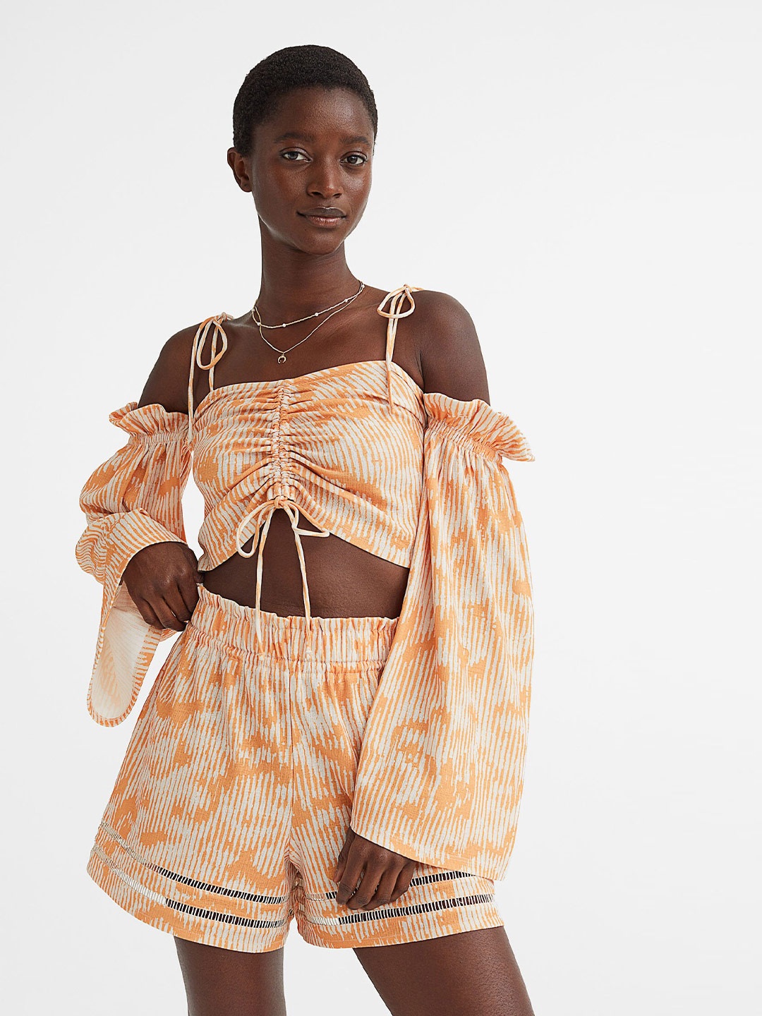 

H&M Women Orange Printed Off-The-Shoulder Top