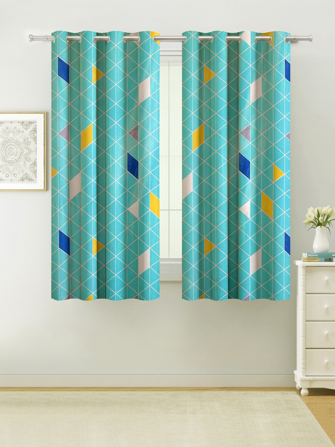 

SWAYAM Blue & Yellow Geometrical Printed Single Window Curtain