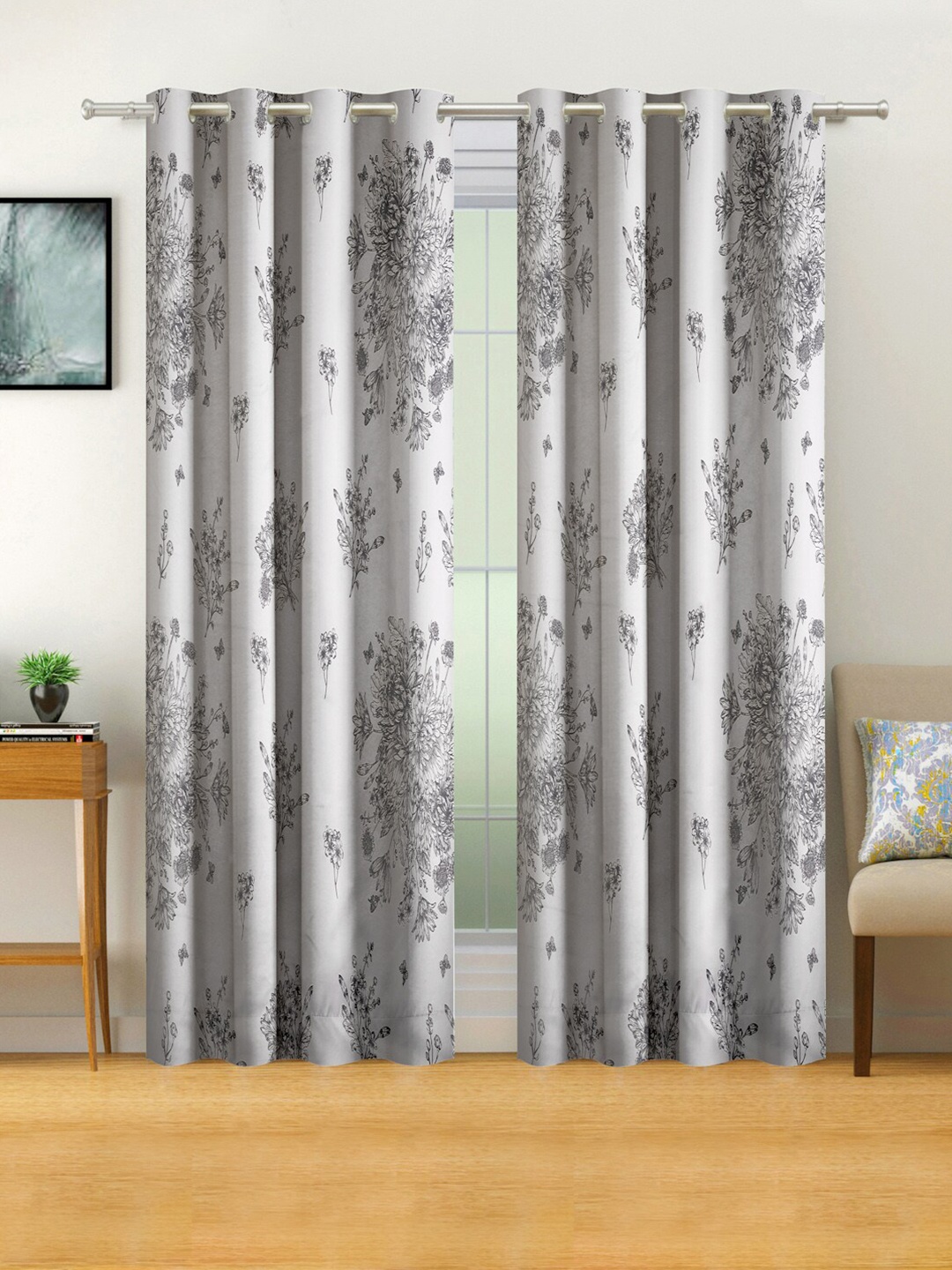Swayam Sigma Grey & Cream Floral 80% Blackout Polyester Long Door Curtain- 48x108