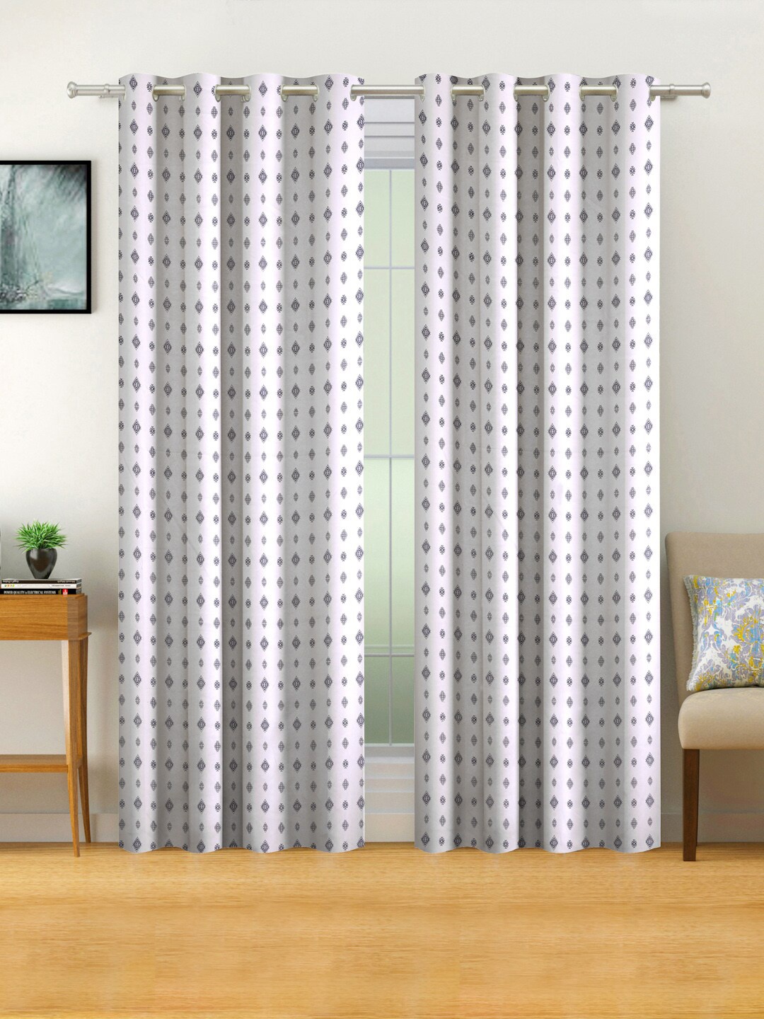 

SWAYAM White & Blue Set of 2 Ethnic Motifs Black Out Long Door Curtain