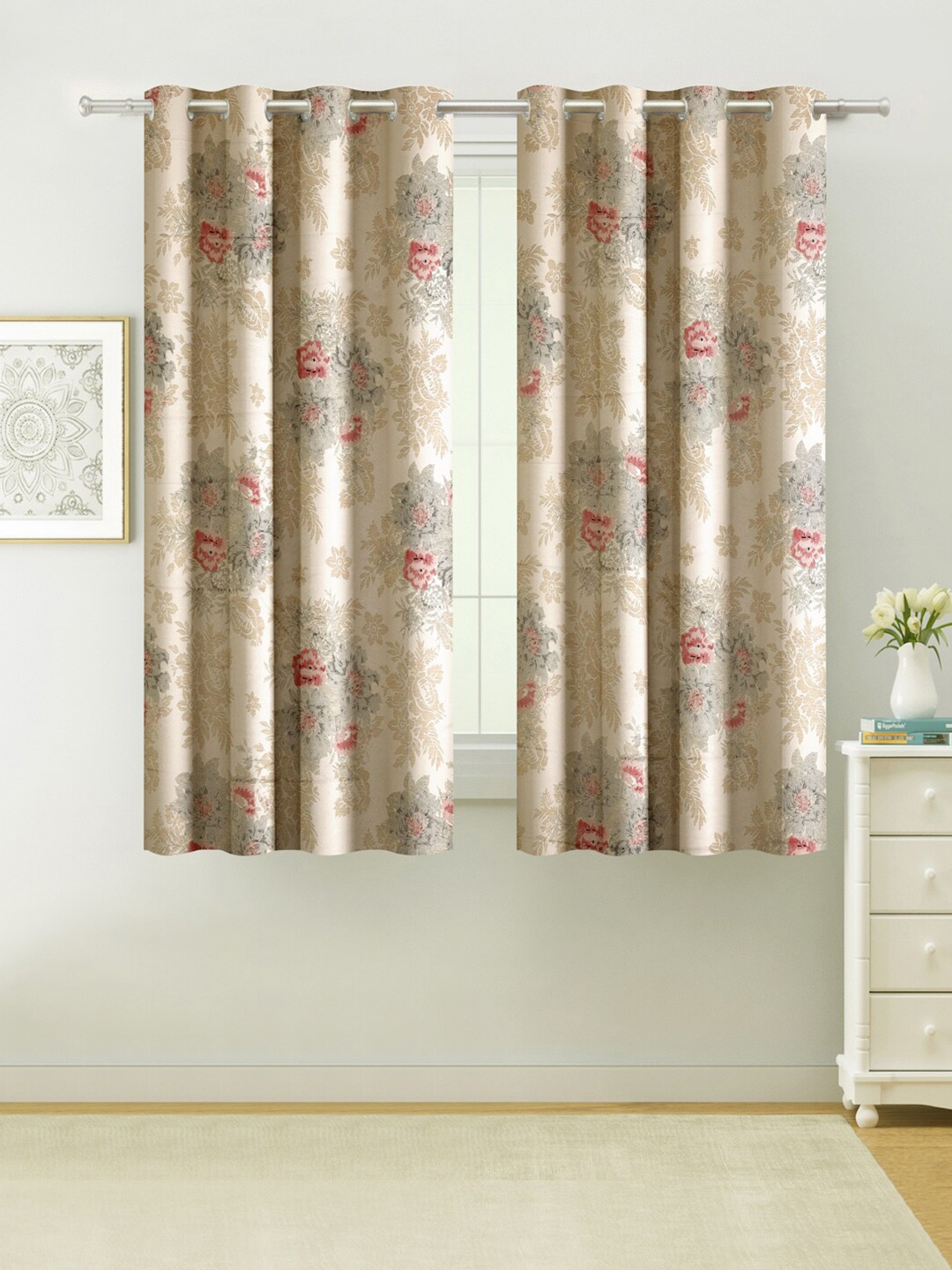 

Swayam Sigma Pack of 2 Pink & Cream Floral 80% Blackout Polyester Window Curtains 48x60, Beige