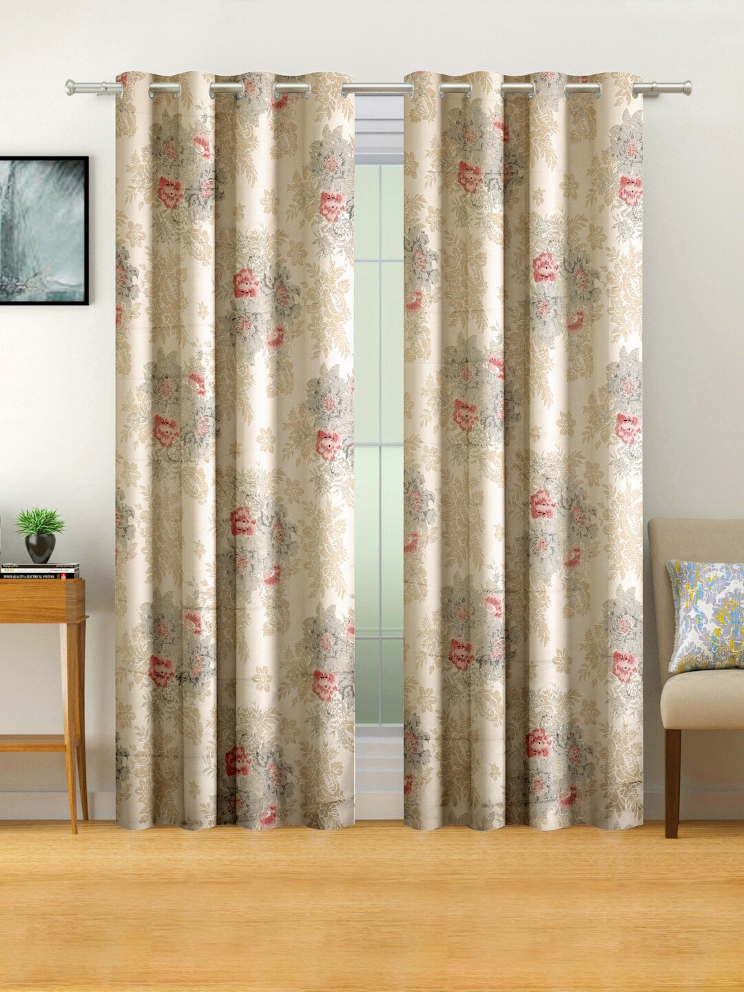 

Swayam Sigma Pink & Cream Set Of 2 Floral 80% Blackout Long Door Curtains, Beige