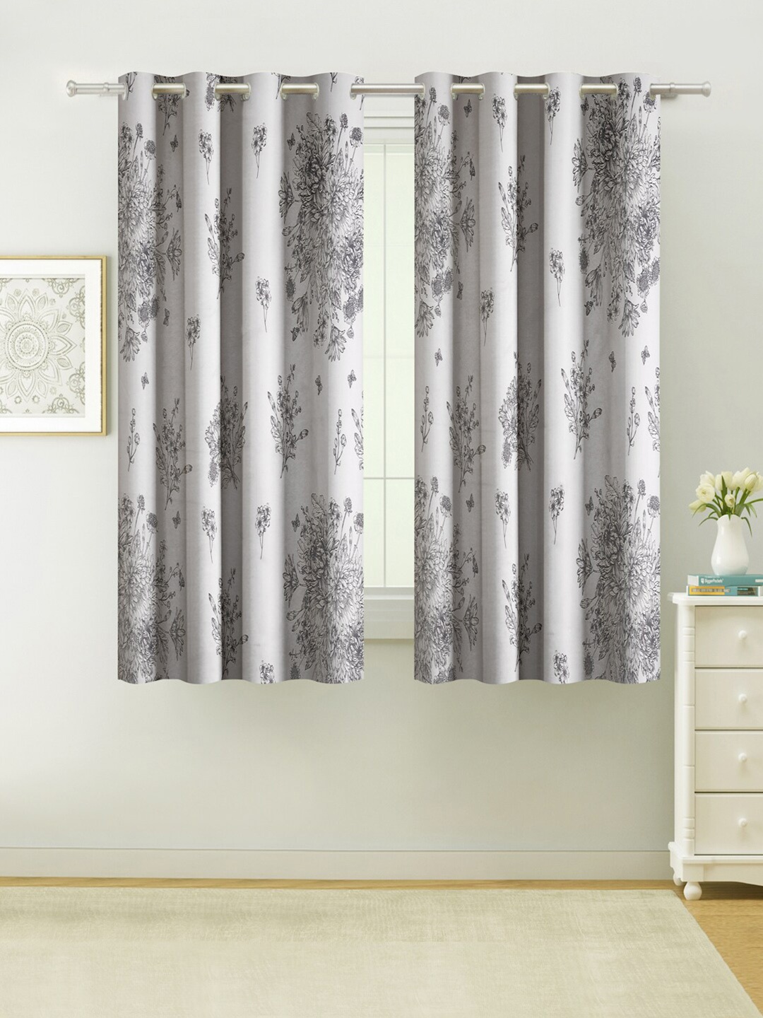 Swayam Grey & Cream Sigma Floral 80% Blackout Window Curtain - 48x60