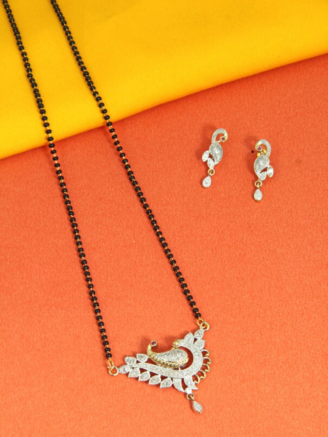 FEMMIBELLA Gold-Plated Black Beaded Stone-Studded Mangalsutra