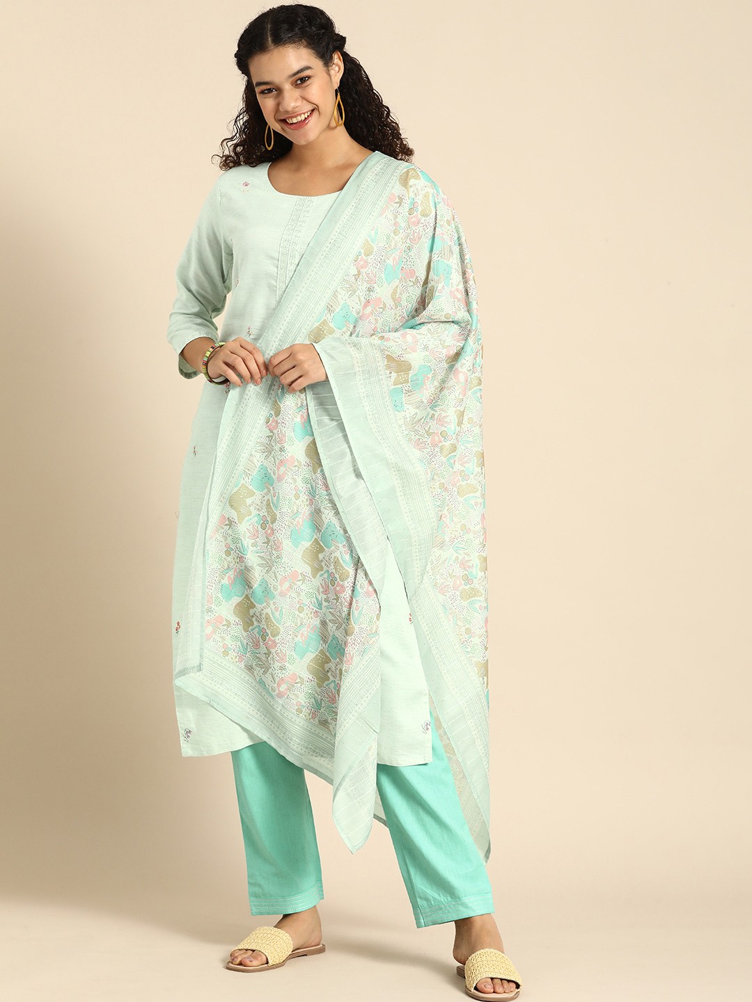 

Sangria Women Sea Green Embroidered Sequined Kurta with Trousers & Dupatta
