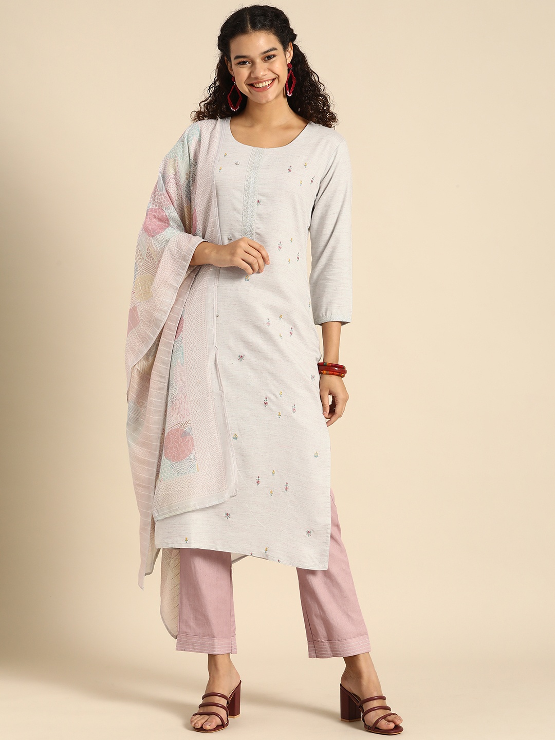 

Sangria Women Grey Embroidered Sequined Kurta with Trousers & Dupatta