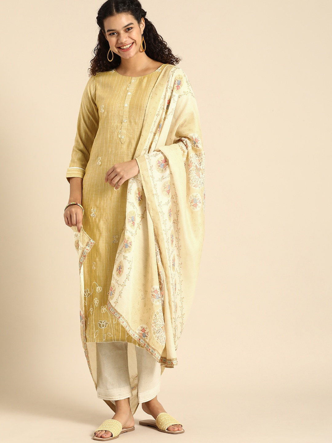 

Sangria Women Beige & Off White Embroidered Thread Work Kurta with Trousers & Dupatta