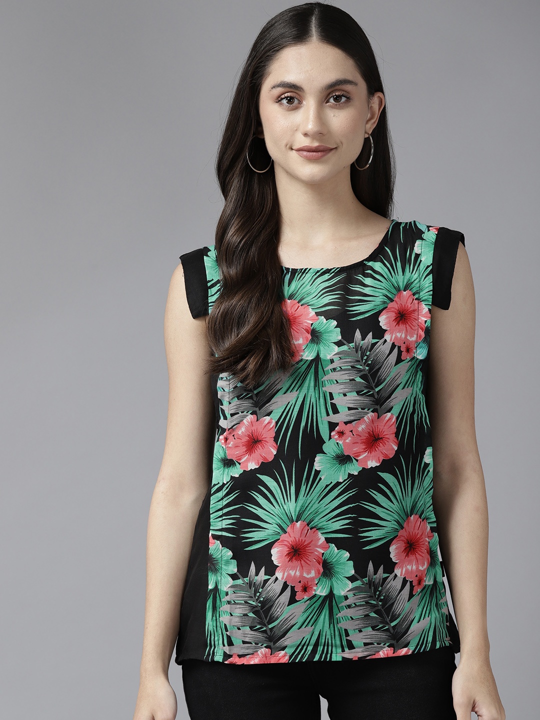 

Aarika Black & Green Floral Print Georgette Top