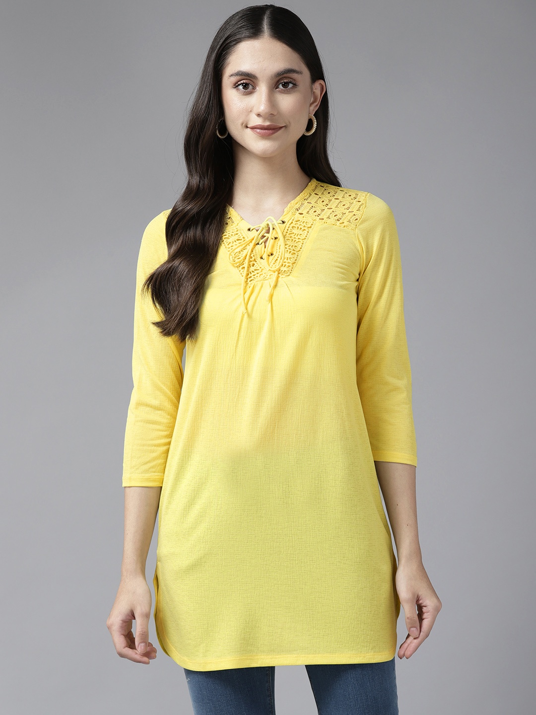 

Aarika Yellow Tie-Up Neck Georgette Longline Top