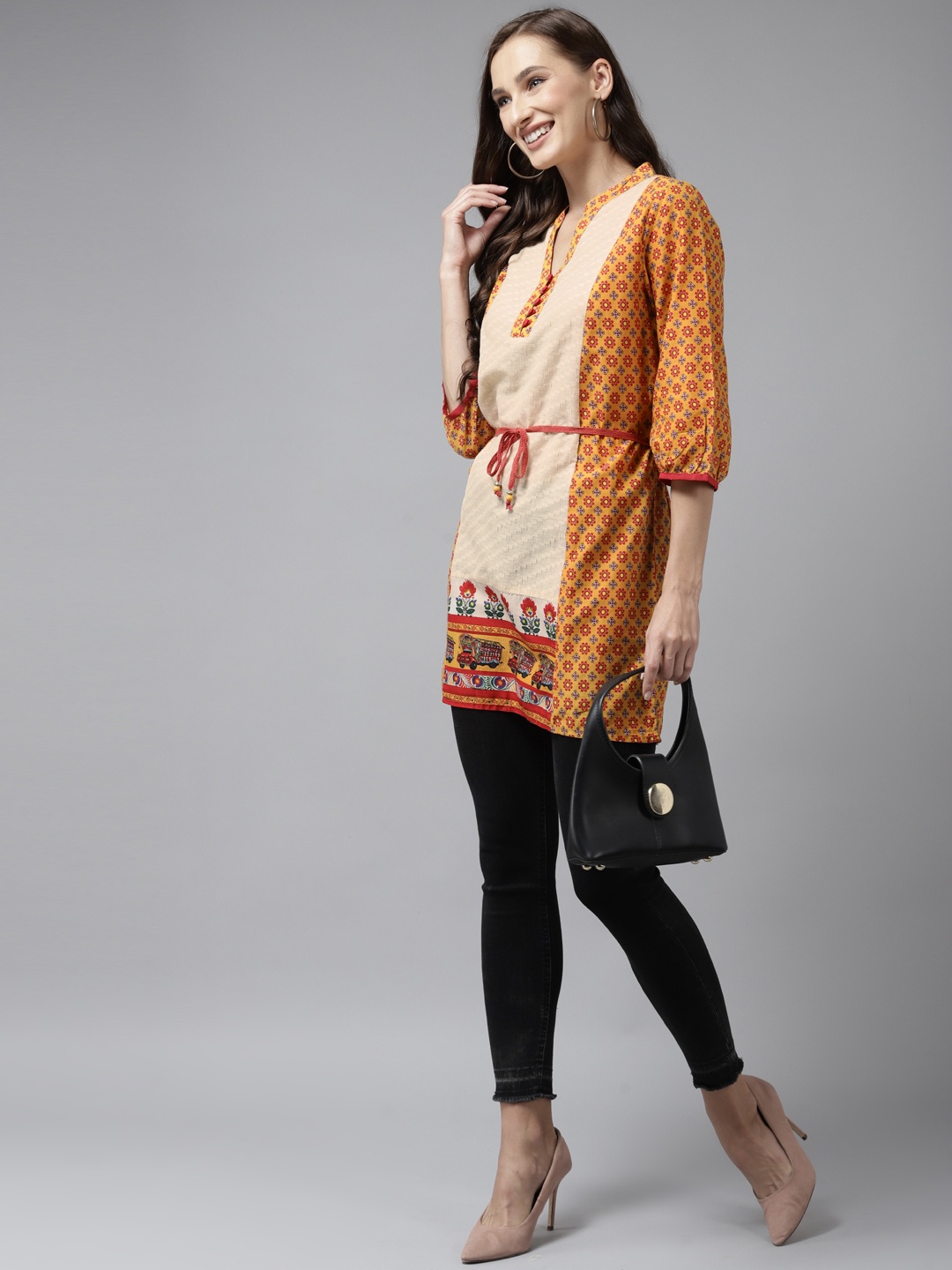 

Aarika Mustard Yellow & Beige Print Mandarin Collar Longline Top