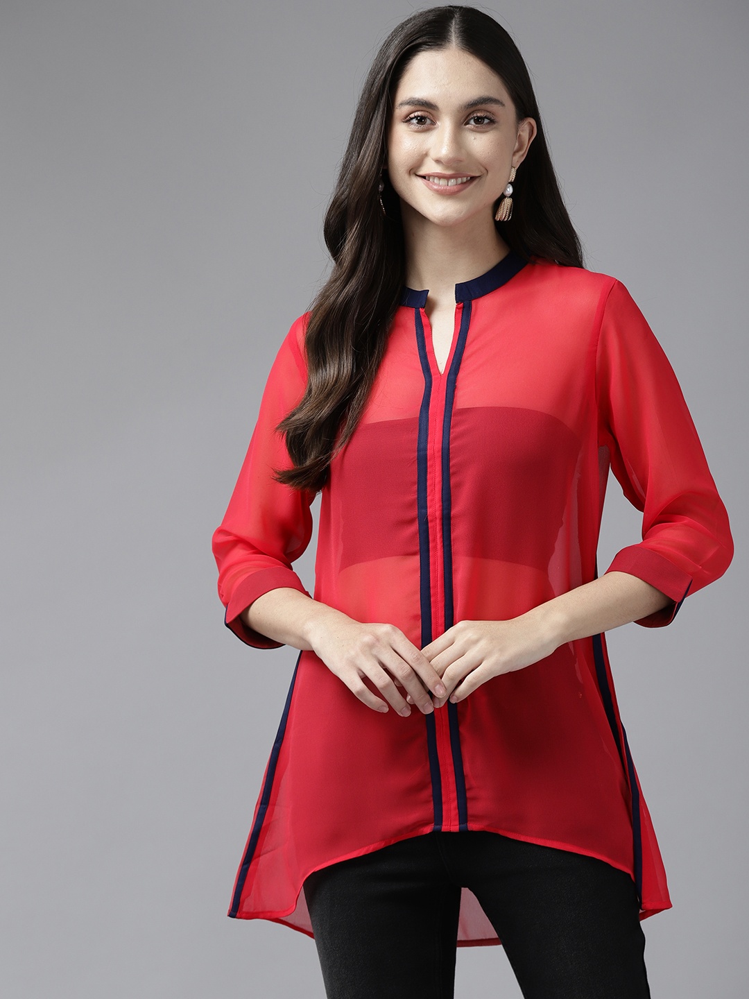 

Aarika Red Mandarin Collar Georgette Longline Top