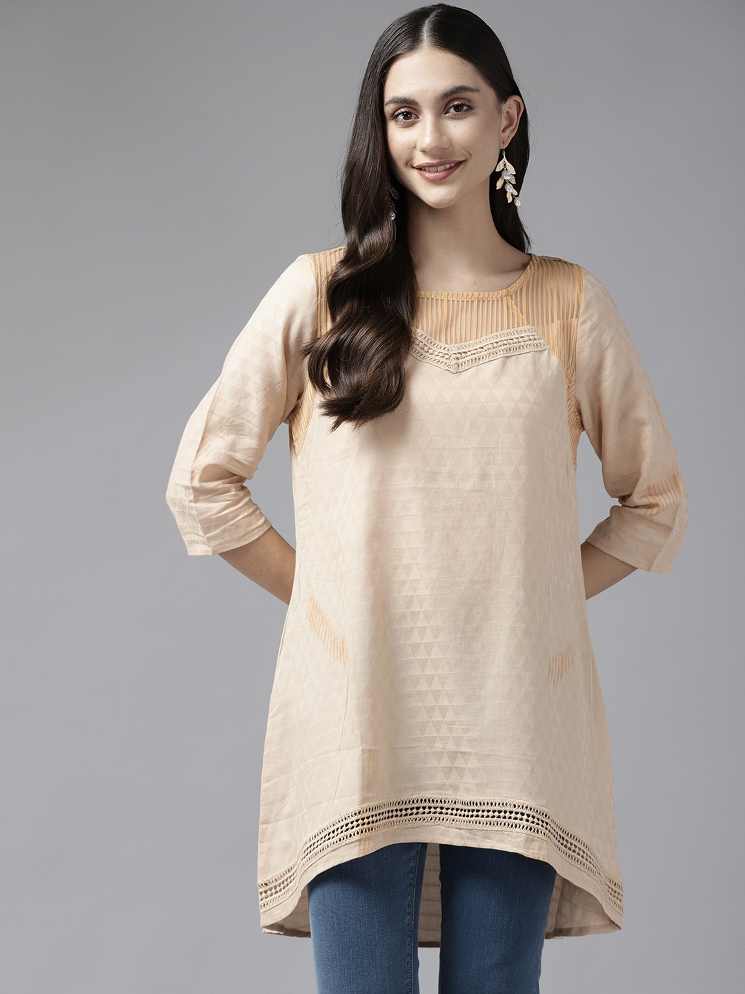 

Aarika Beige Geometric Georgette Longline Top