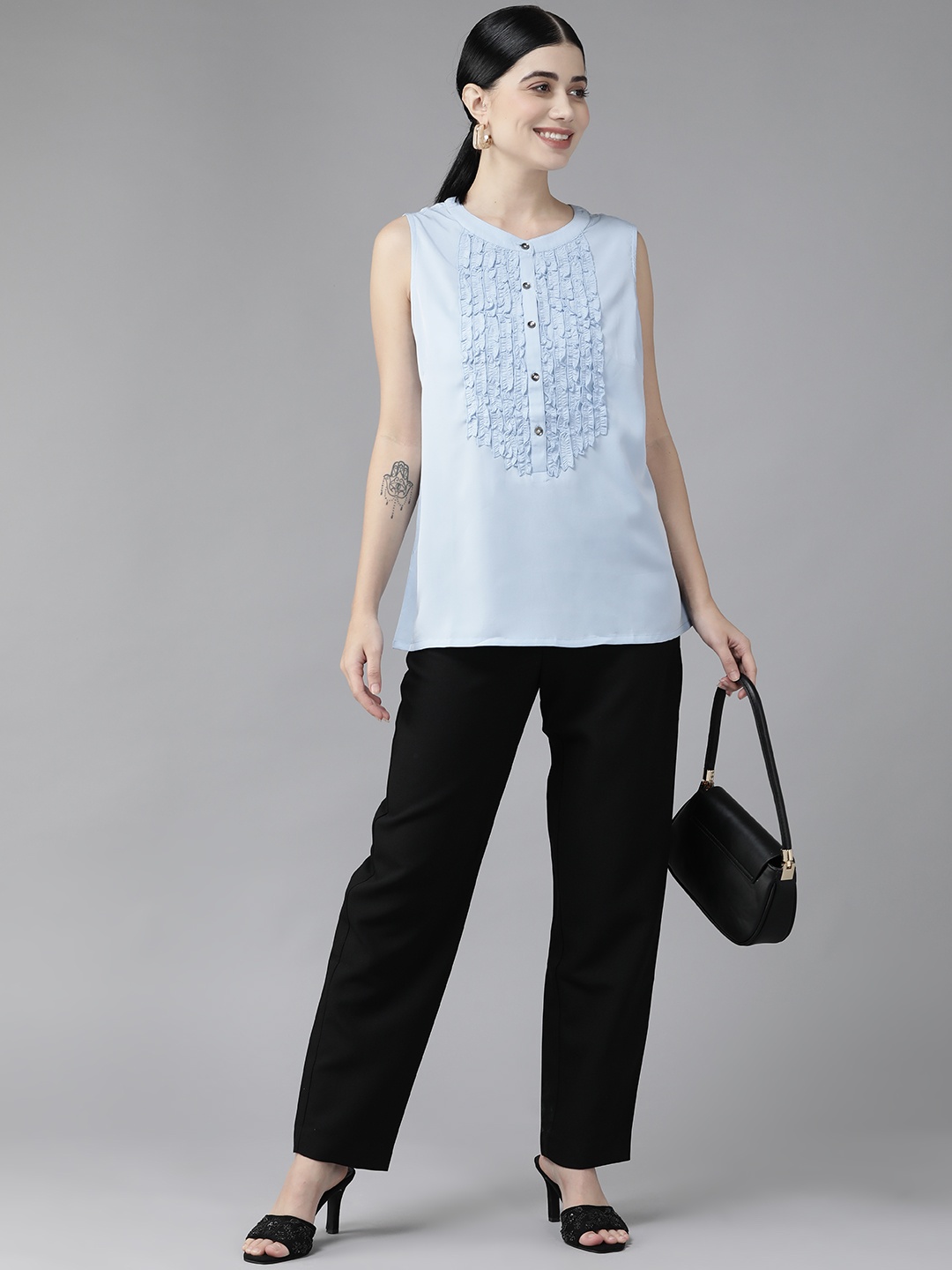 

Aarika Blue Ruffles Georgette Top