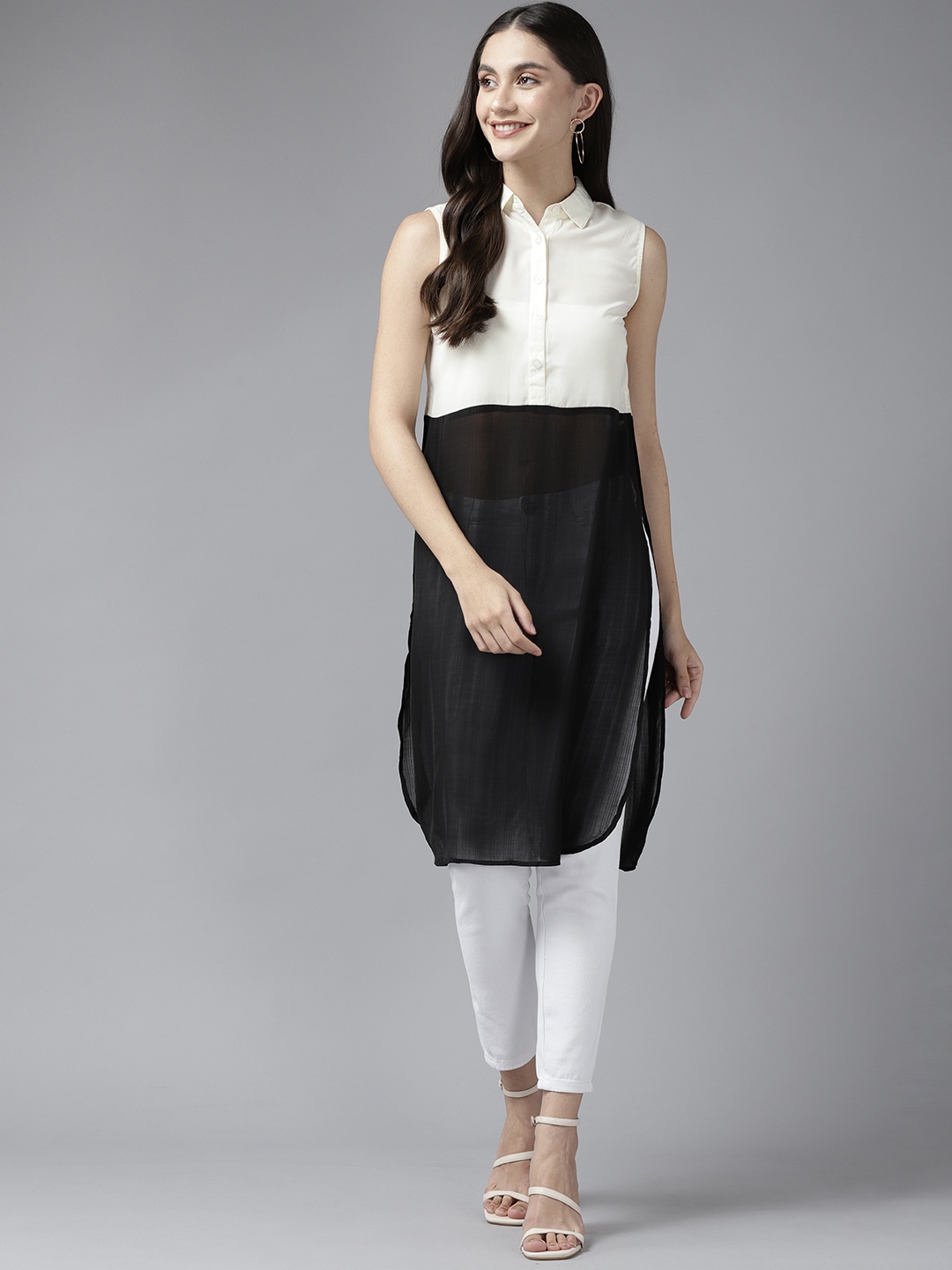 

Aarika White & Black Colourblocked Georgette Shirt Style Longline Top