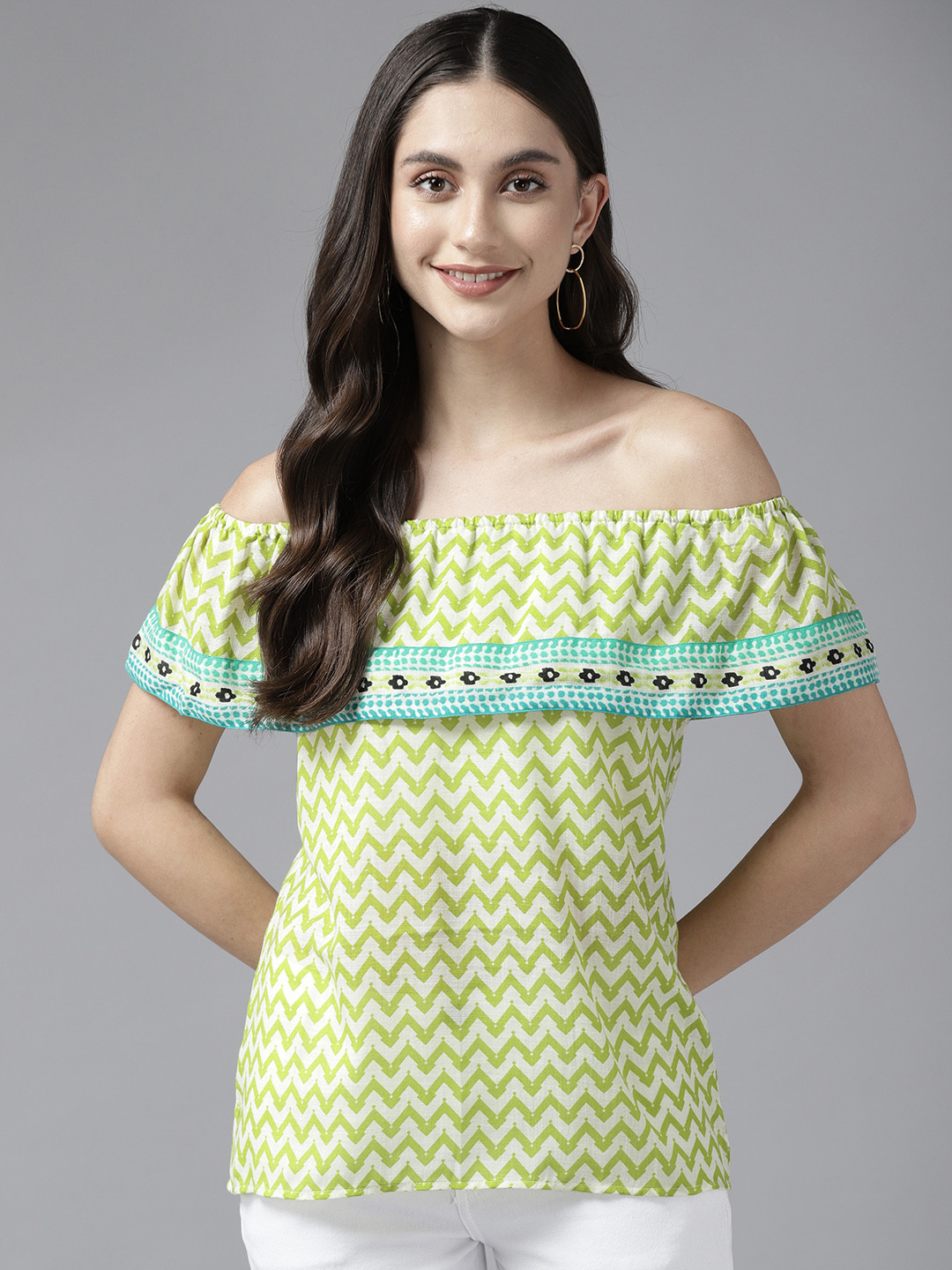 

Aarika Green & Cream-Coloured Geometric Print Off-Shoulder Ruffles Georgette Top