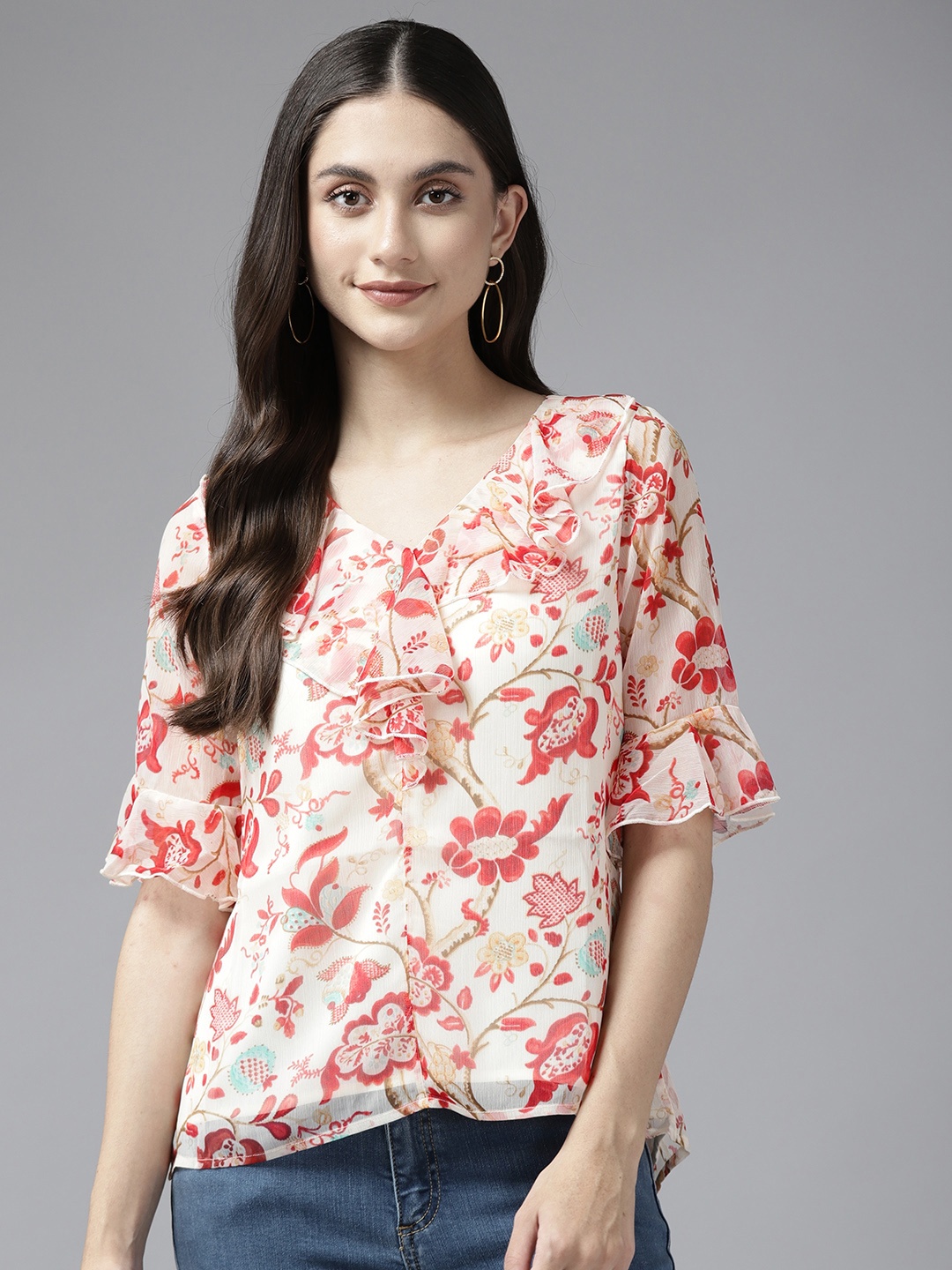 

Aarika Cream-Coloured & Red Floral Print Ruffles Georgette Top