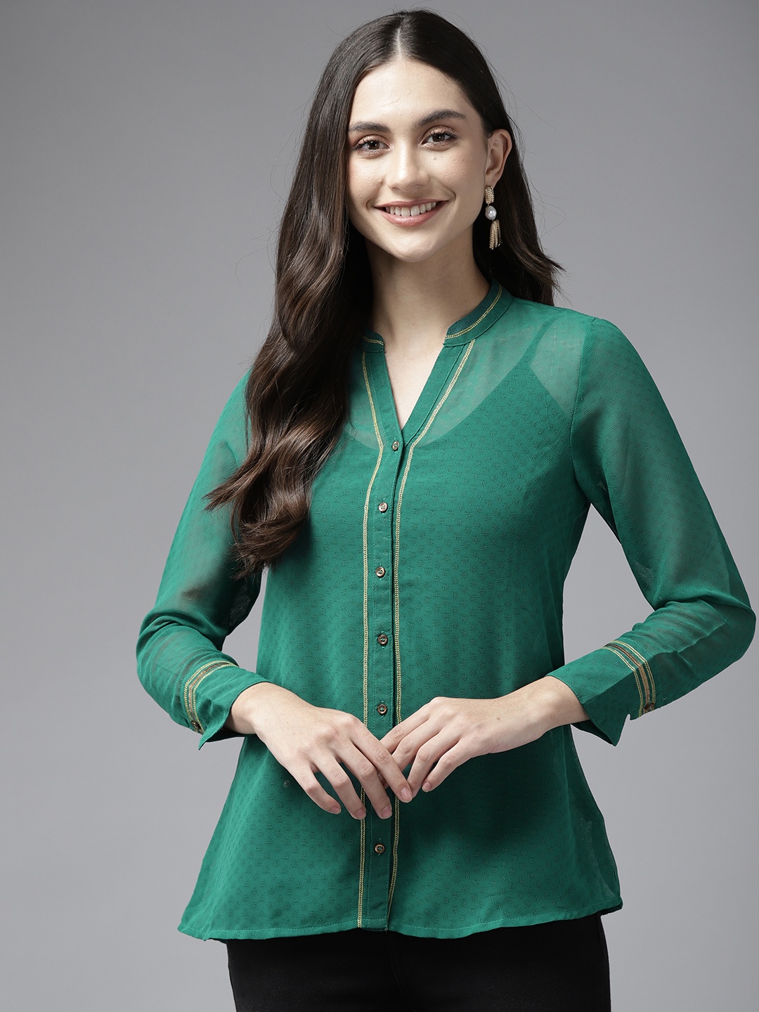 

Aarika Green Mandarin Collar Georgette Shirt Style Top