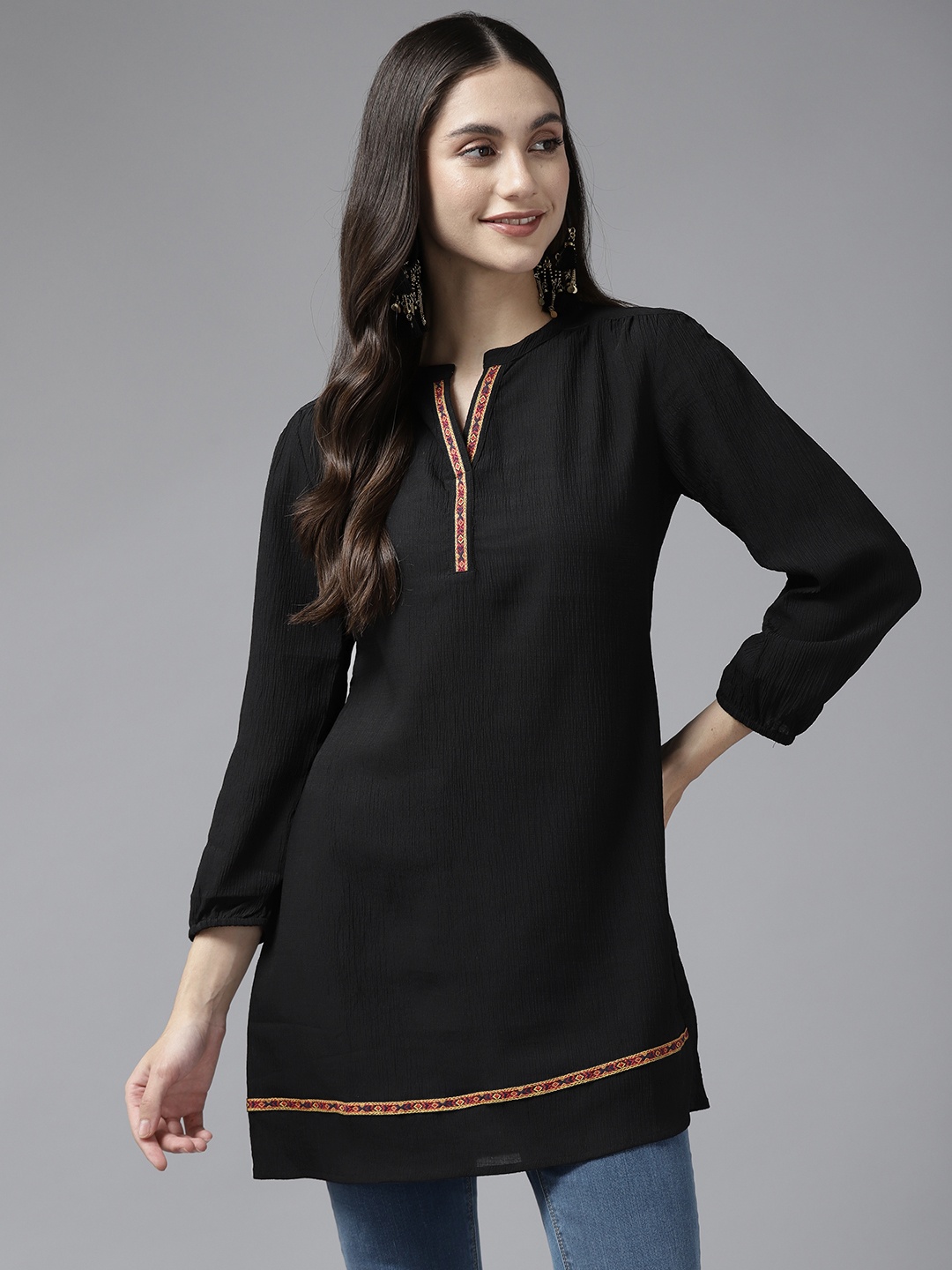 

Aarika Black Mandarin Collar Georgette Longline Top
