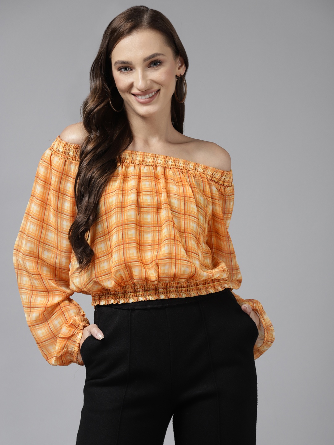 

Aarika Yellow & Off White Checked Off-Shoulder Bardot Top