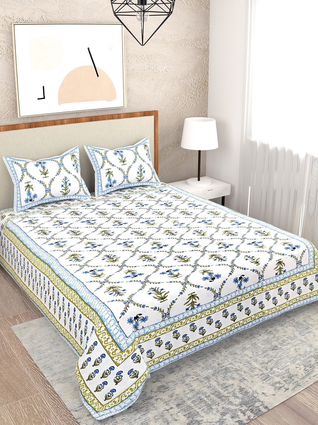 

Salona Bichona Blue & White Floral 120 TC Queen Bedsheet with 2 Pillow Covers