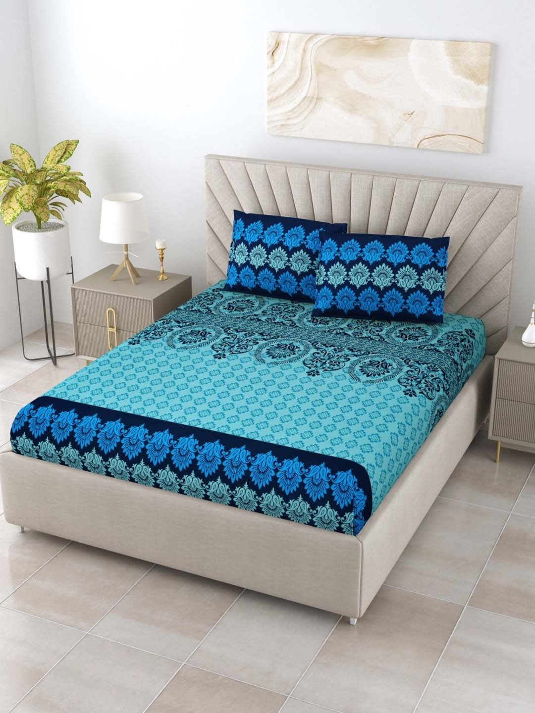 

Salona Bichona Blue & Black Ethnic Motifs 120 TC King Bedsheet with 2 Pillow Covers