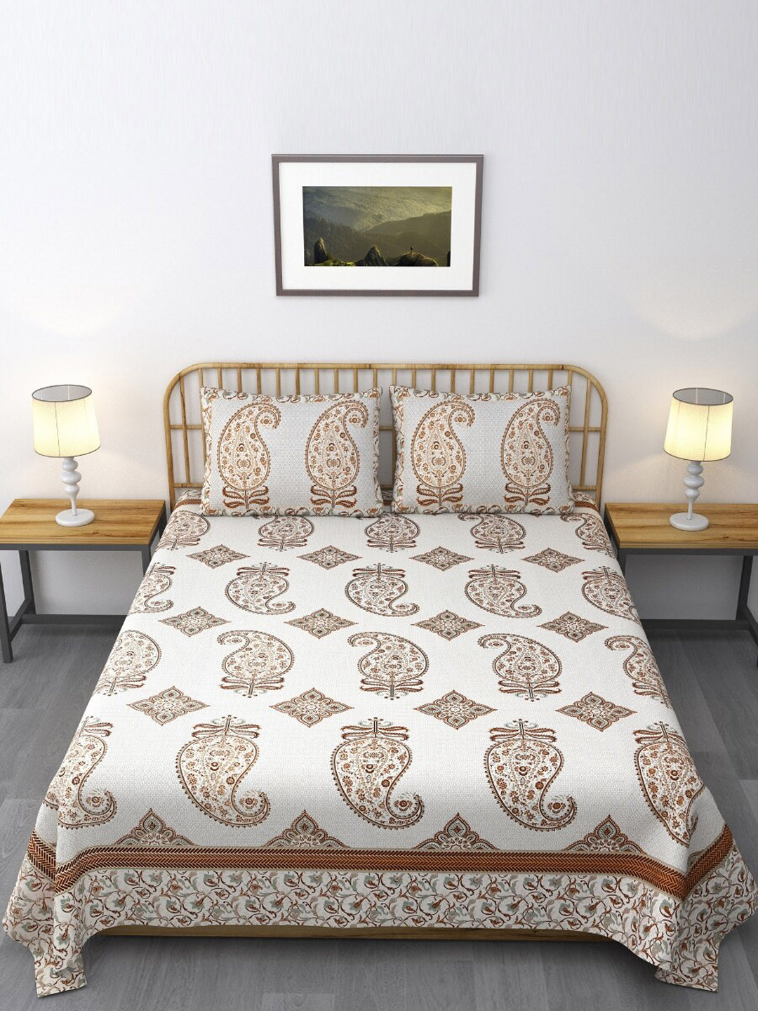 

Salona Bichona Beige & Off White Ethnic Motifs 120 TC Queen Bedsheet with 2 Pillow Covers