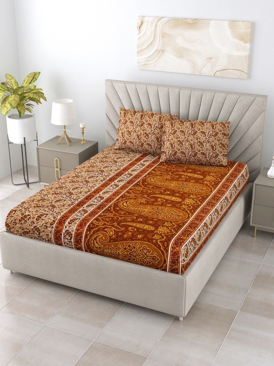 Salona Bichona Yellow & Red Floral 120 TC Cotton Queen Bedsheet with 2 Pillow Covers