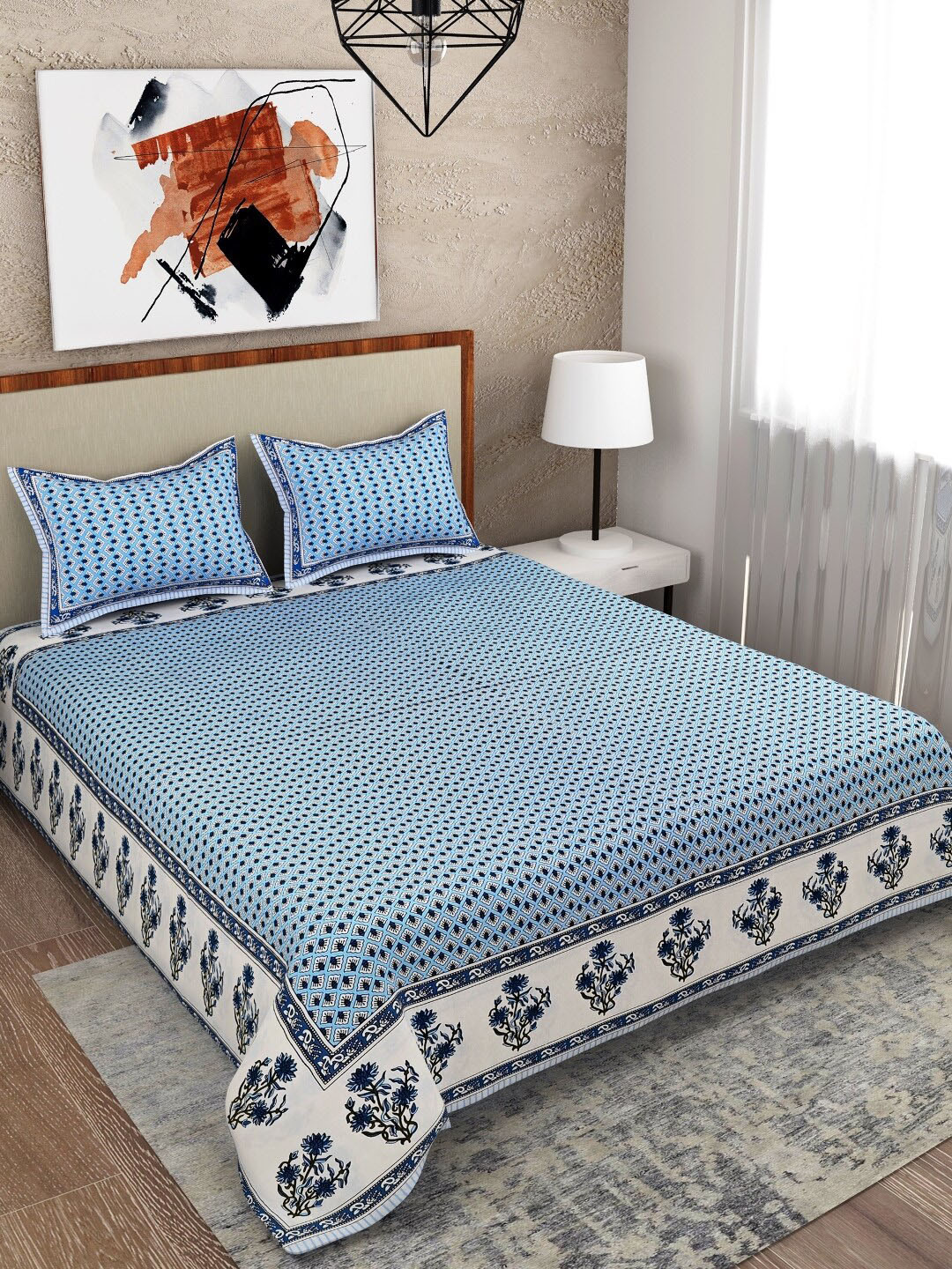 

Salona Bichona Turquoise Blue & Off White Geometric 120 TC Queen Bedsheet with 2 Pillow Covers