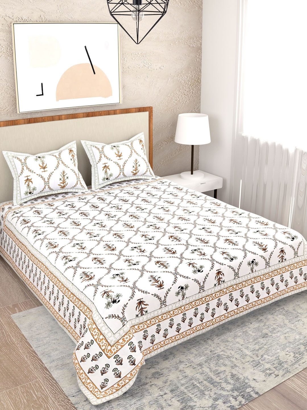 

Salona Bichona White & Orange Floral 120 TC Queen Bedsheet with 2 Pillow Covers