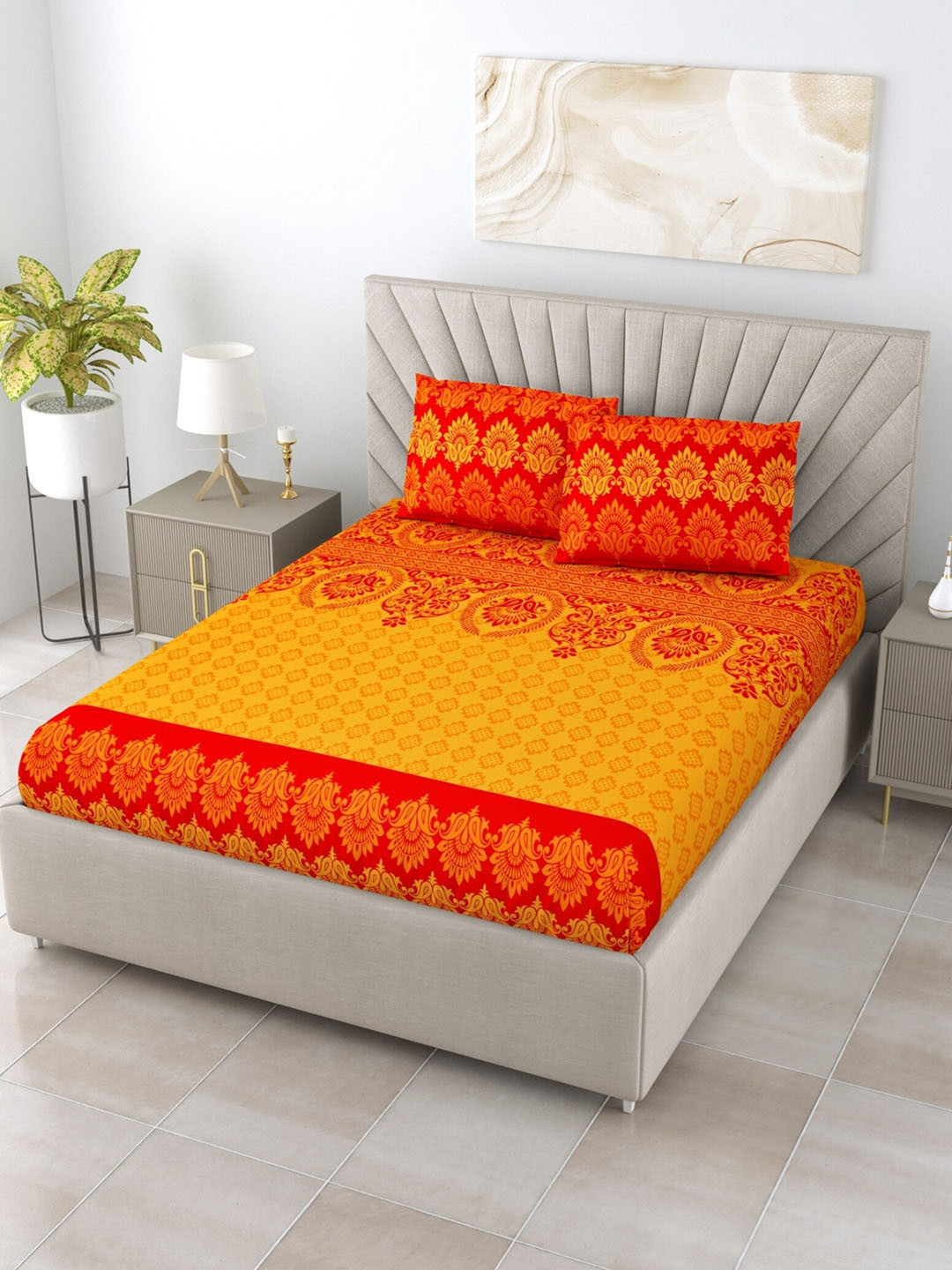 

Salona Bichona Unisex Yellow Cotton 120 TC Printed King Size Bedsheet with 2 Pillow Covers