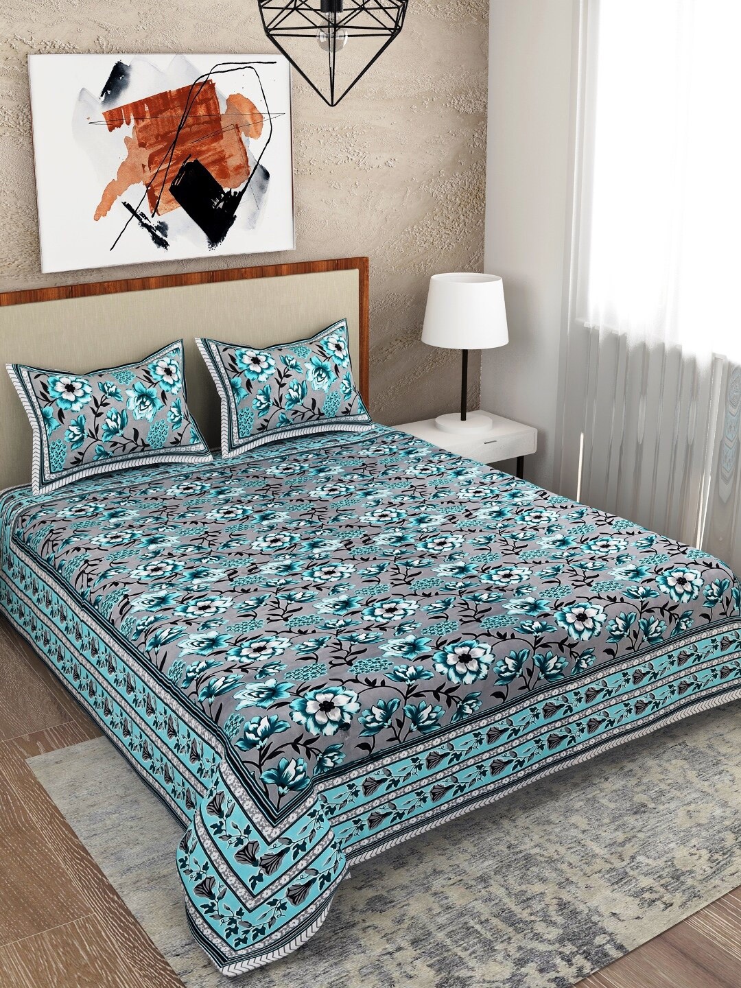 

Salona Bichona Turquoise Blue & Grey Floral 120 TC Queen Bedsheet with 2 Pillow Covers