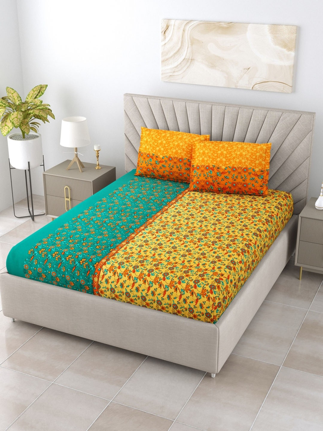 Salona Bichona Turquoise Blue & Yellow Floral 120 TC Queen Bedsheet with 2 Pillow Covers