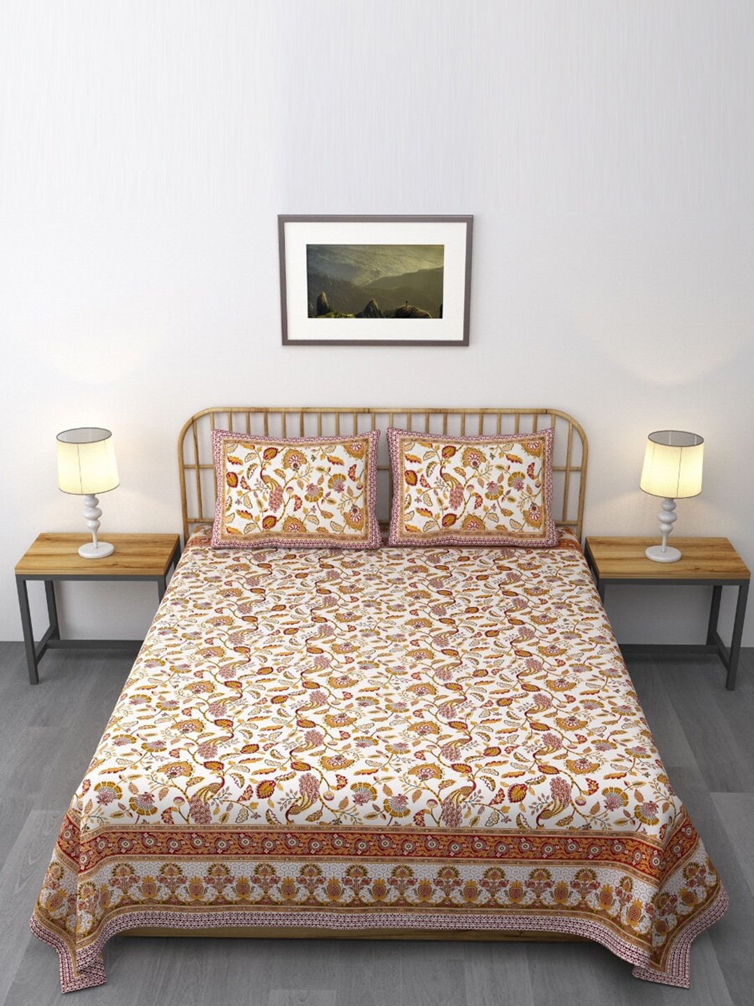 

Salona Bichona Yellow & Orange Floral 120 TC Queen Bedsheet with 2 Pillow Covers