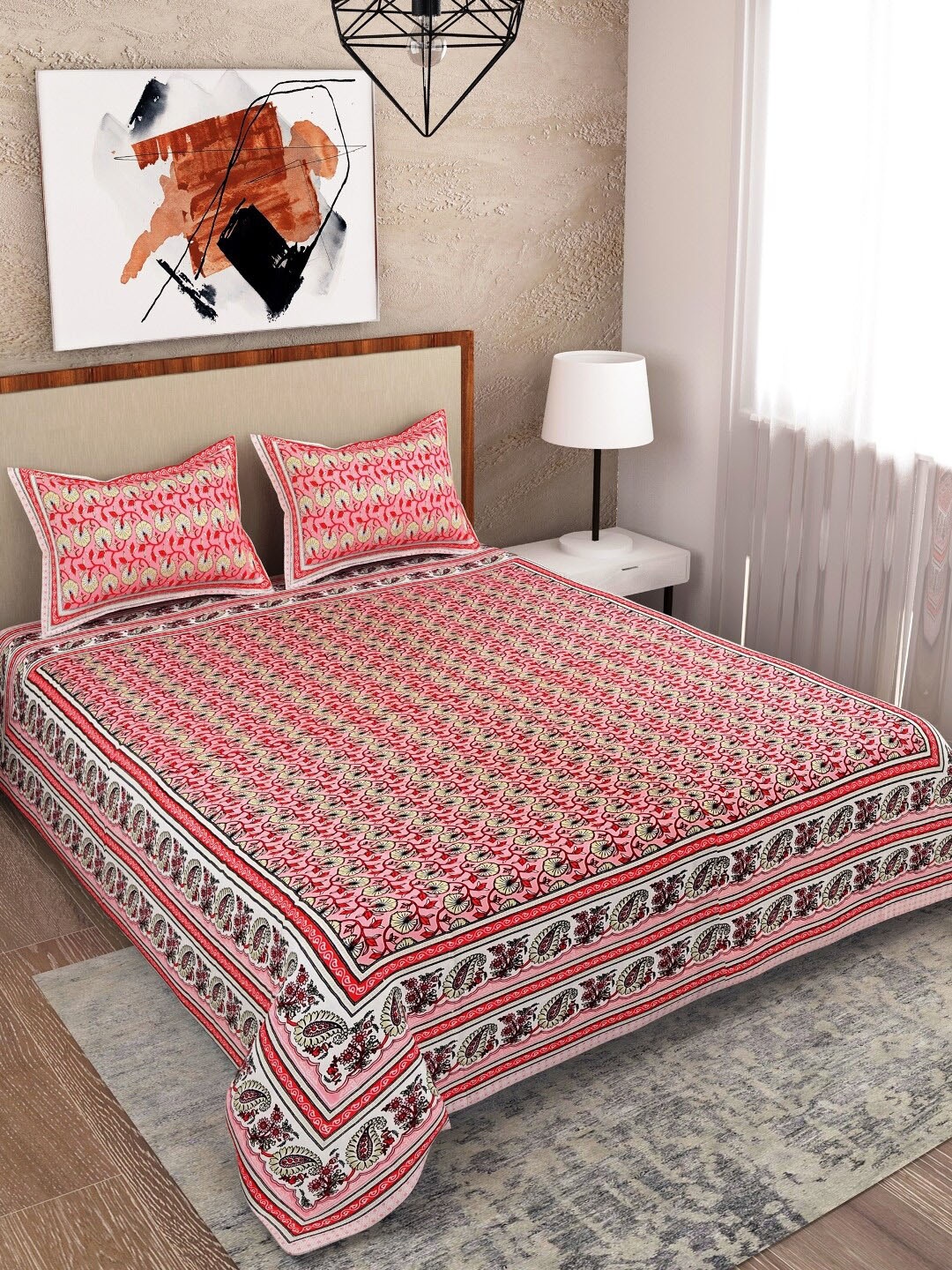 

Salona Bichona Pink & Off White Floral 120 TC Queen Bedsheet with 2 Pillow Covers