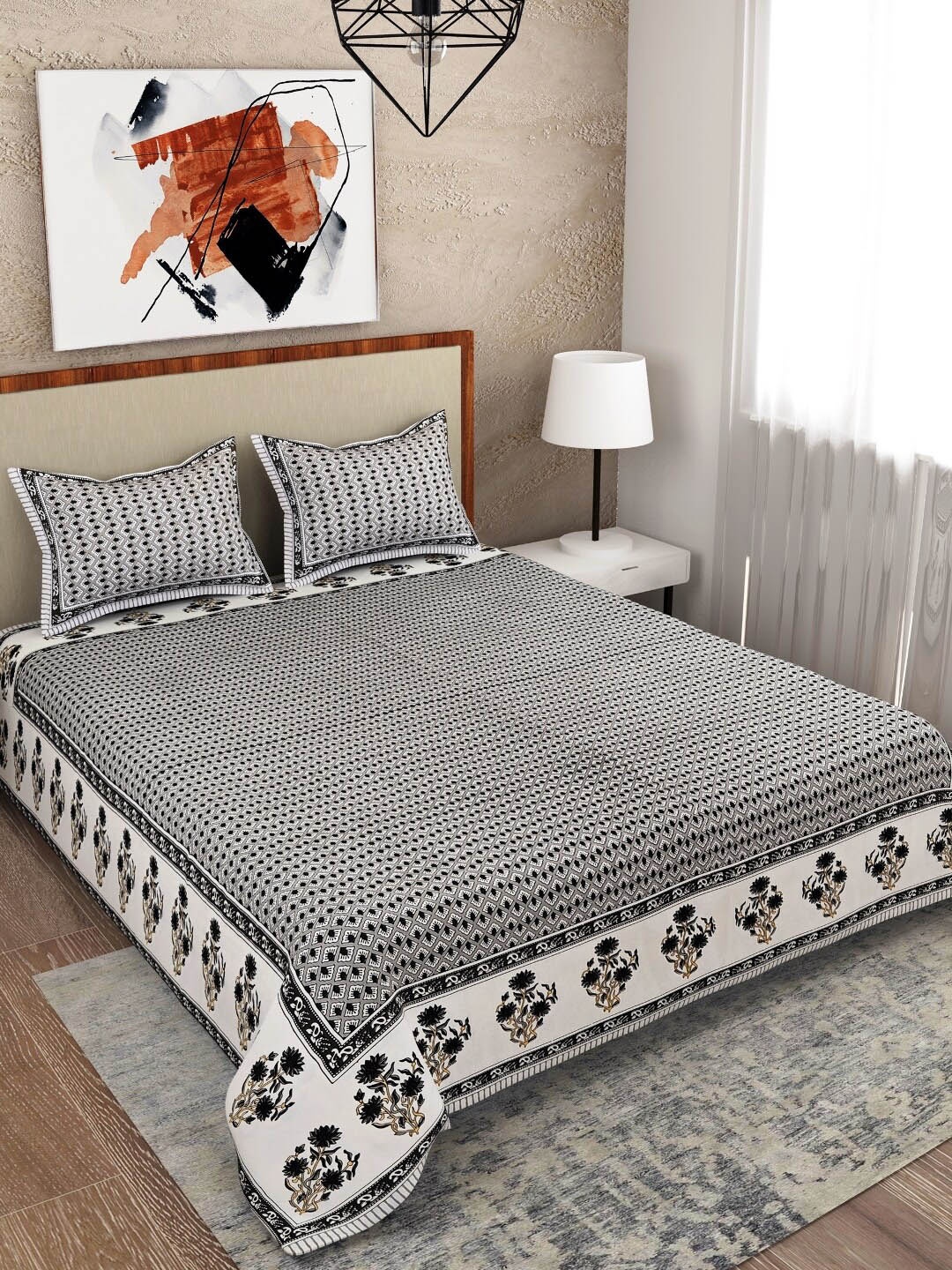 

Salona Bichona Grey & White Floral 120 TC Queen Bedsheet With 2 Pillow Covers