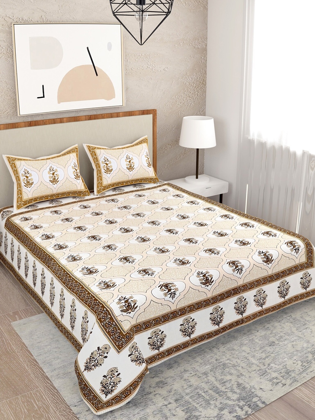 

Salona Bichona Beige Floral 120 TC Pure Cotton Queen Bedsheet with 2 Pillow Covers