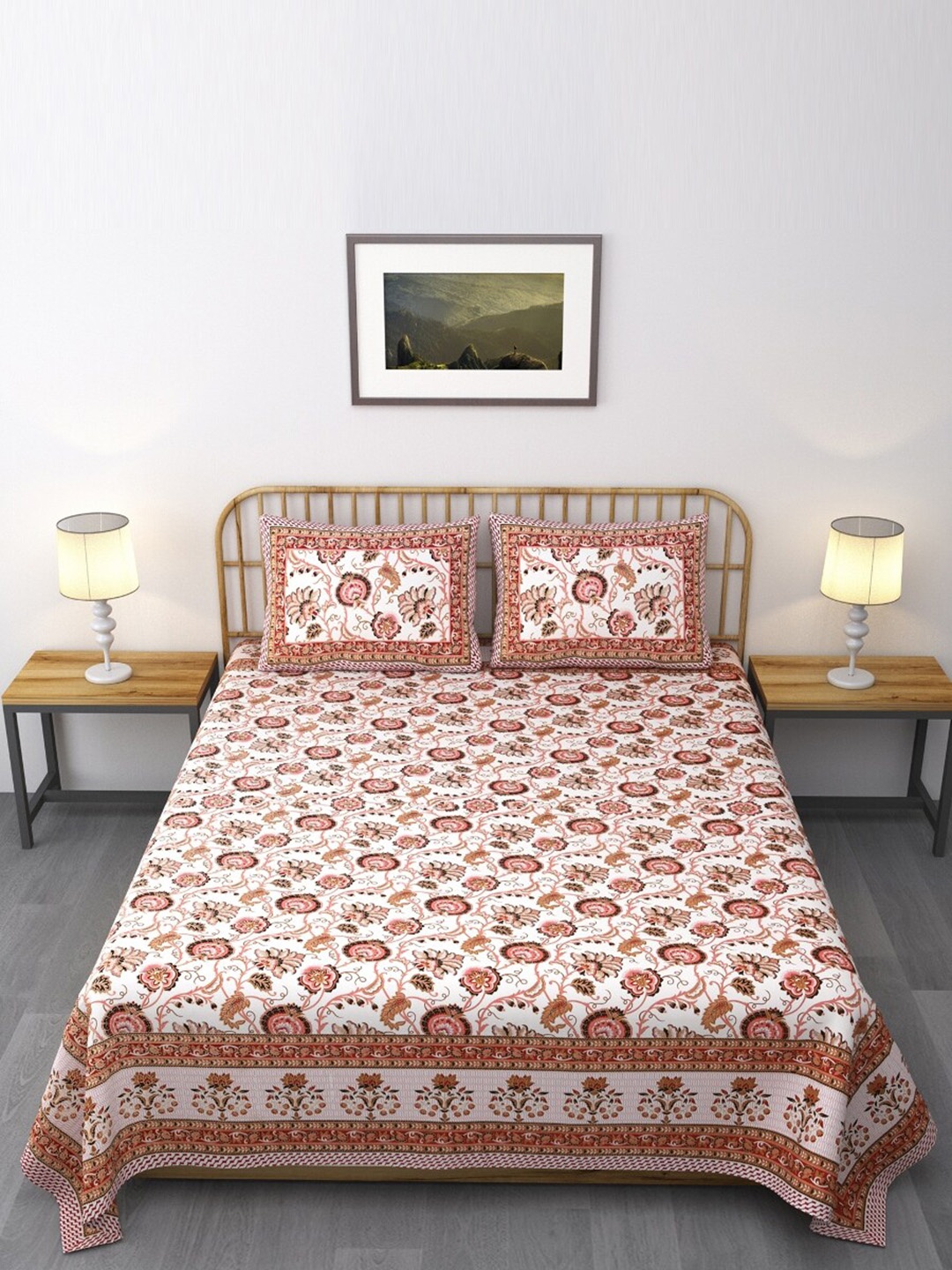 

Salona Bichona Peach-Coloured & White Ethnic Motifs 120 TC Queen Bedsheet with 2 Pillow Covers