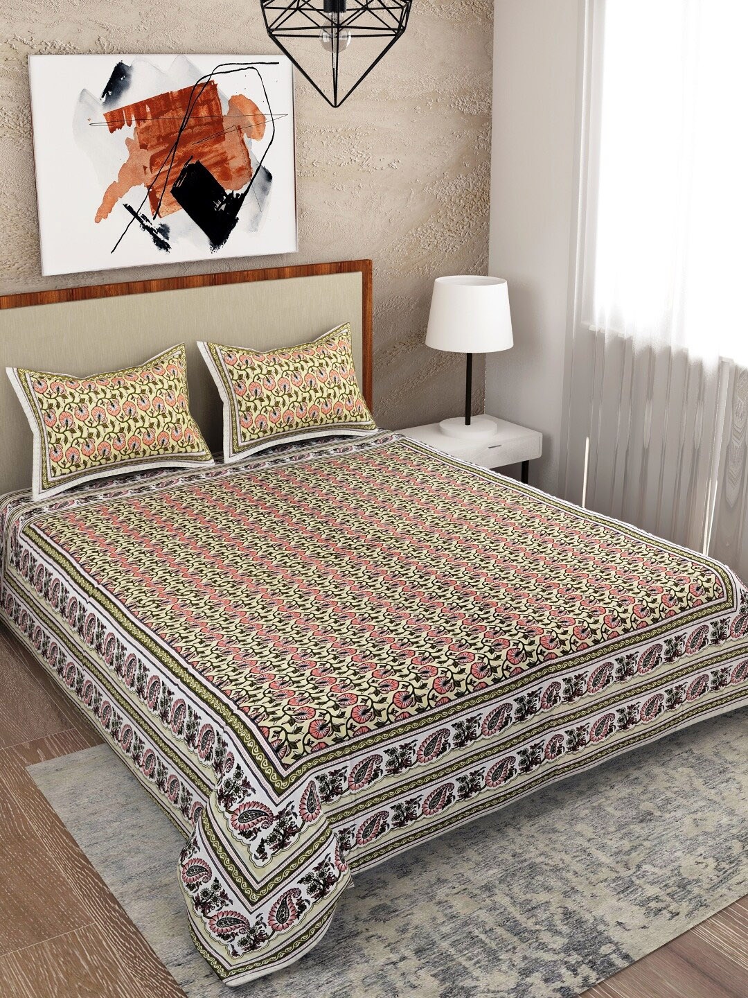 

Salona Bichona Yellow & Pink Floral 120 TC Queen Bedsheet with 2 Pillow Covers