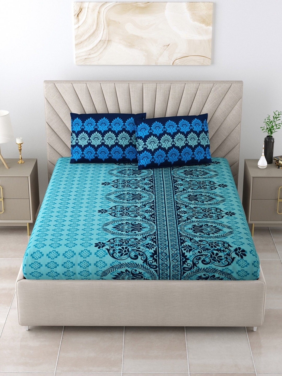 

Salona Bichona Turquoise Blue & Green Floral 120 TC Queen Bedsheet with 2 Pillow Covers