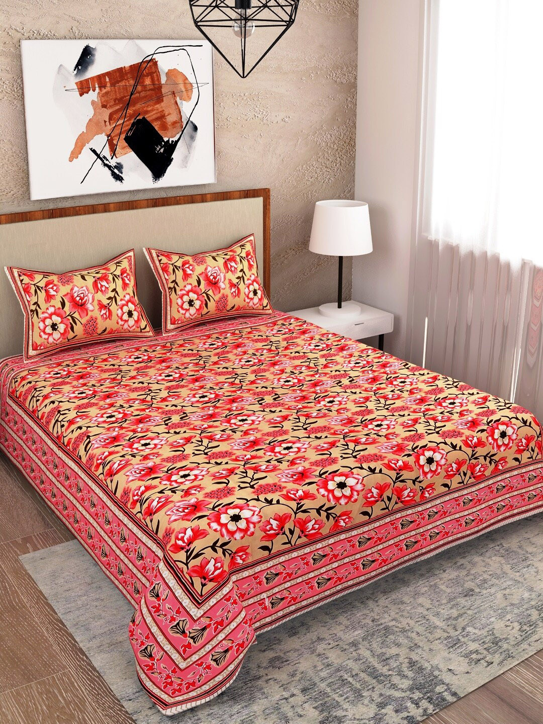 

Salona Bichona Red & Pink Floral 120 TC Queen Bedsheet with 2 Pillow Covers