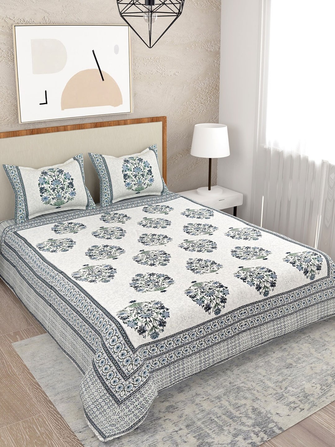 

Salona Bichona Unisex White Cotton 120 TC Double Bedsheet with 2 Pillow Covers.