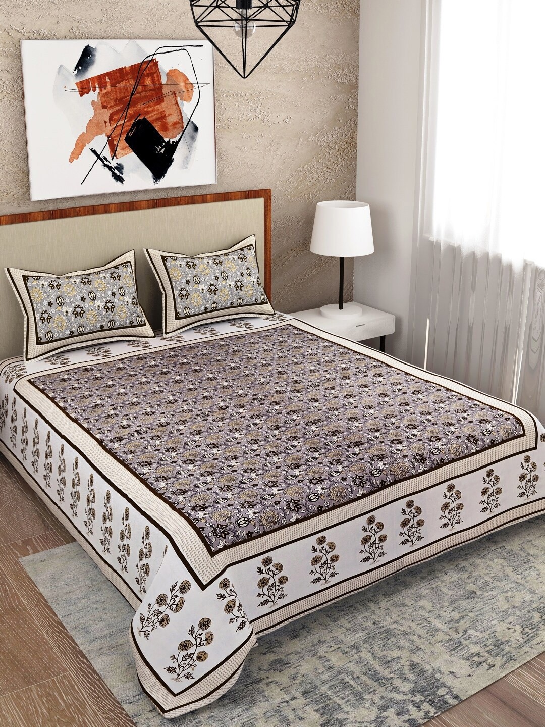 

Salona Bichona Grey Floral 120 TC Pure Cotton Queen Bedsheet with 2 Pillow Covers