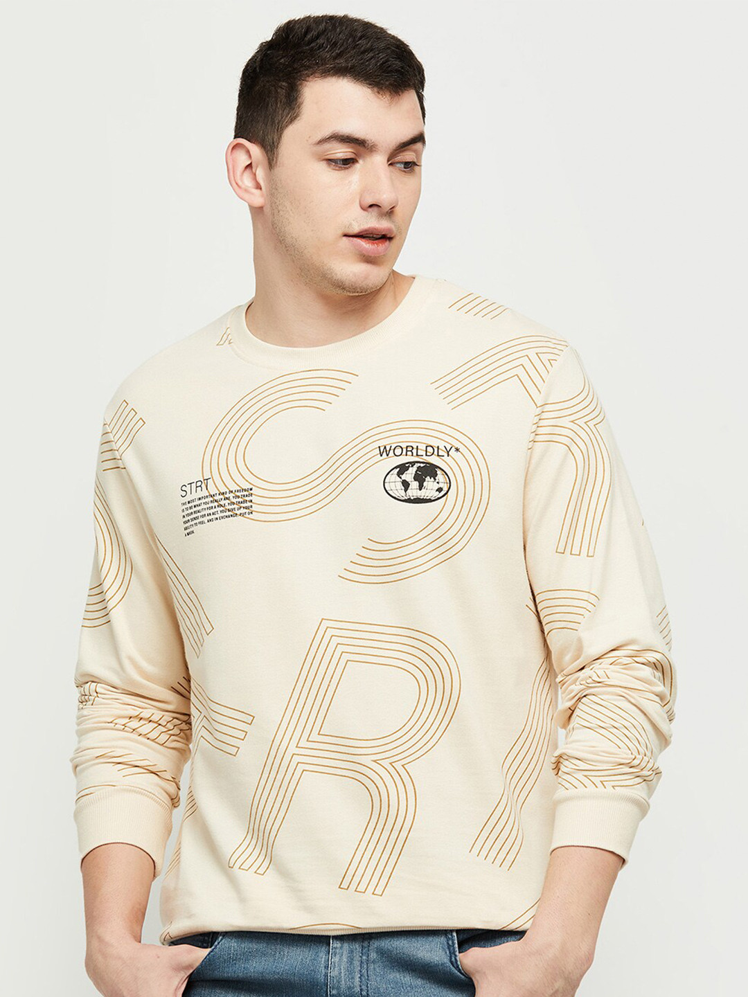 

max Men Beige Printed Sweatshirt
