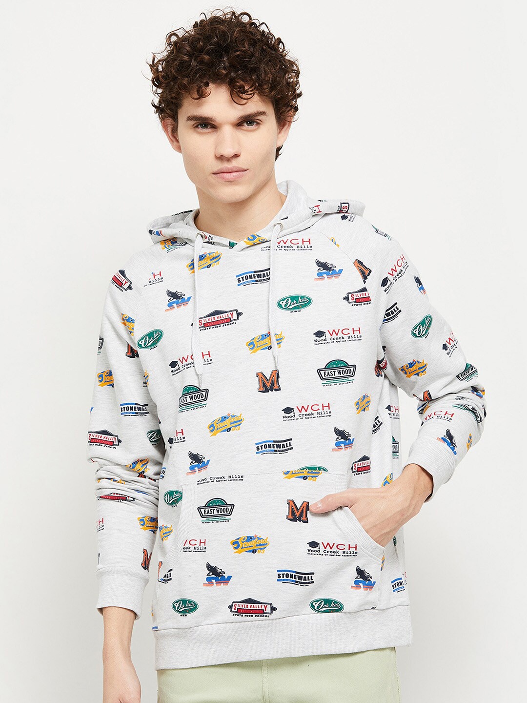 max Men Grey Melange Printed Sweatshirt