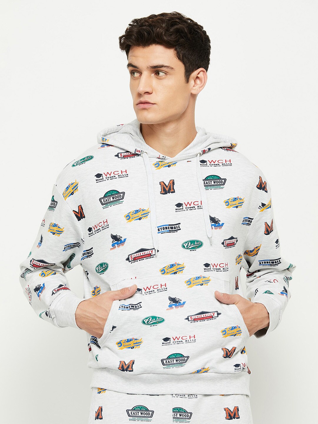 

max Men Grey Melange Printed Hooded Pure Cotton Sweatshirt
