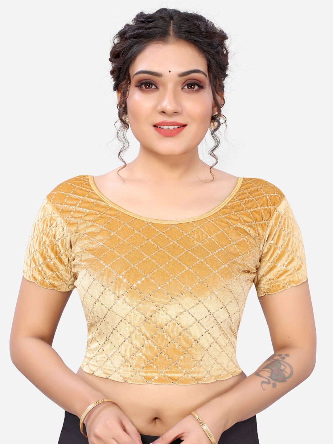 

SIRIL Women Beige Embellished Velvet Readymade Saree Blouse