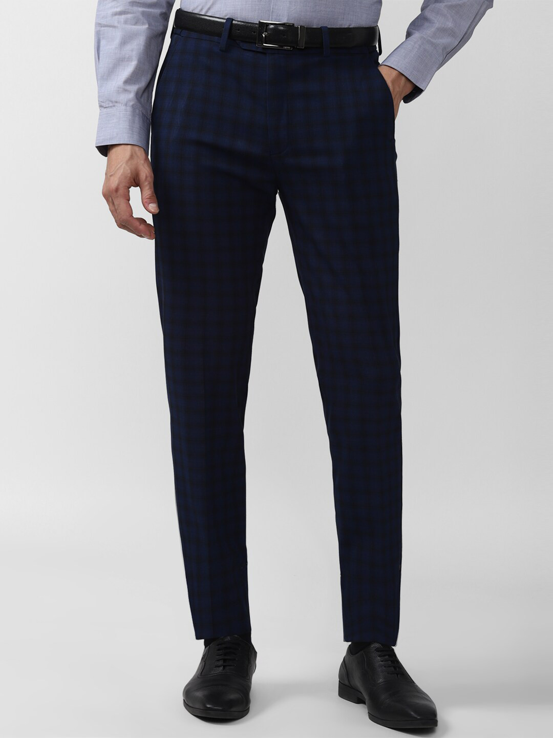 

Peter England Men Navy Blue Checked Slim Fit Trousers