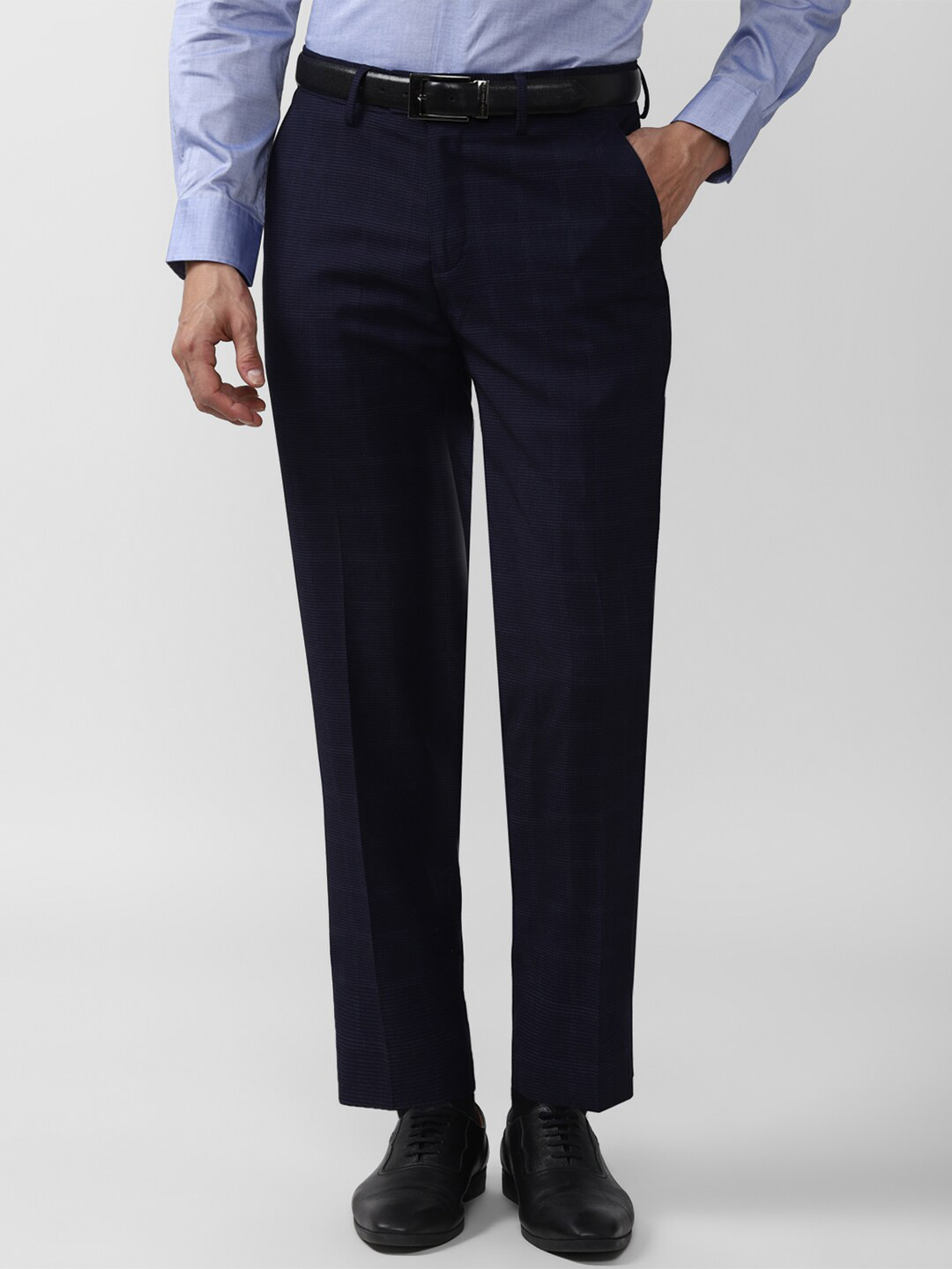 

Peter England Elite Men Navy Blue Checked Slim Fit Trousers